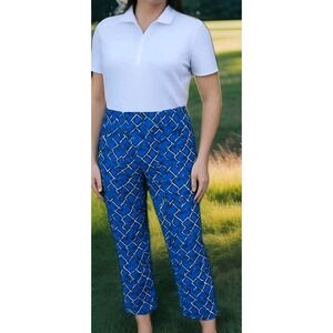 Swing Control Blue Geometric Cropped Golf Pants Women's 14 Pull-On Tummy Control